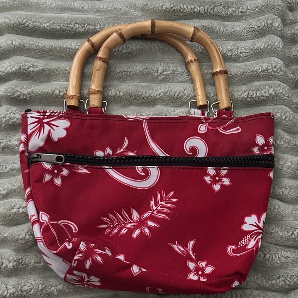 Hawaiian Floral Red Handbag with Bamboo Handles